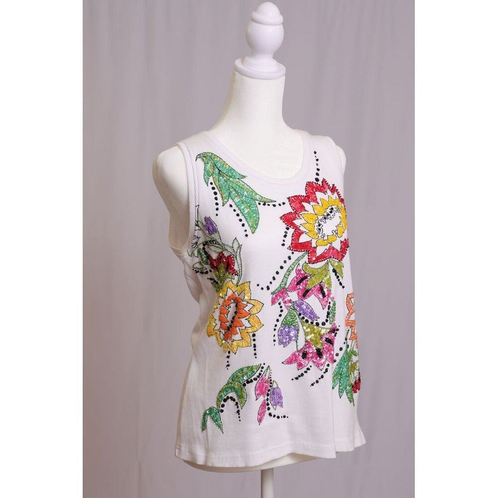 Ribbed Tank Top Colorful Floral Sequin Embellished
